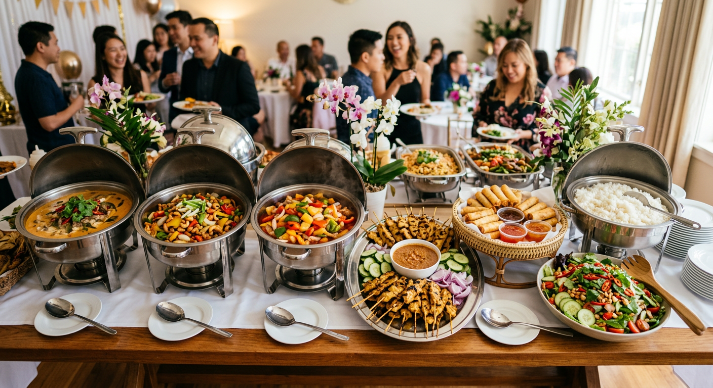 Thaibuffet med paneng curry, satayspyd, vårruller og ris