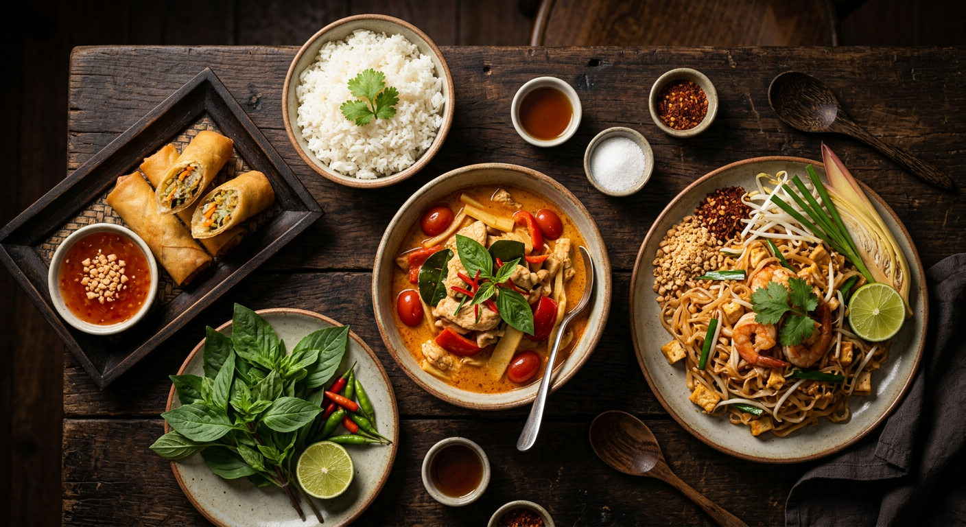 Thailandske retter: rød curry, pad thai, vårruller og jasminris